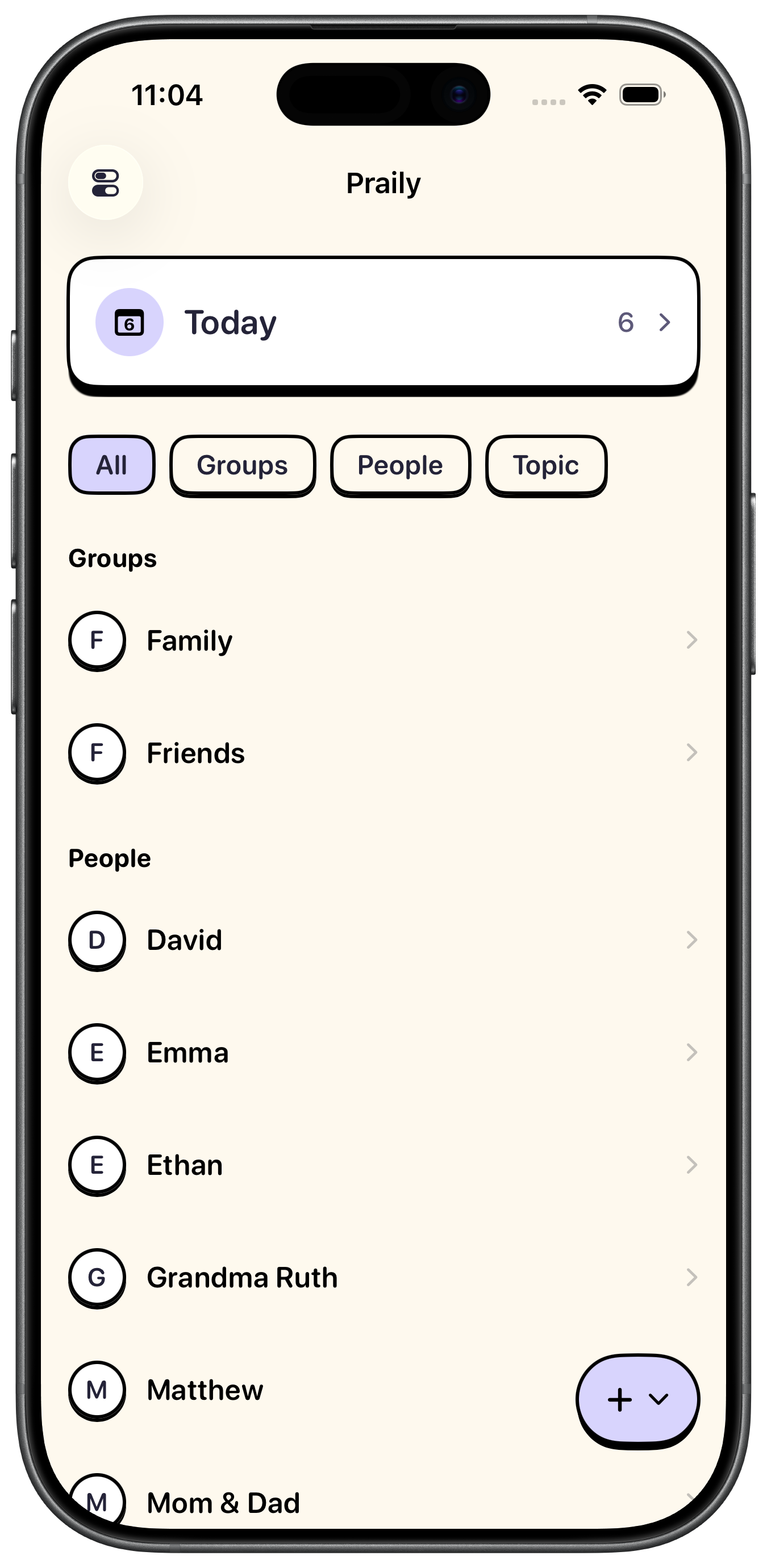 People, groups, and topics organized in Praily